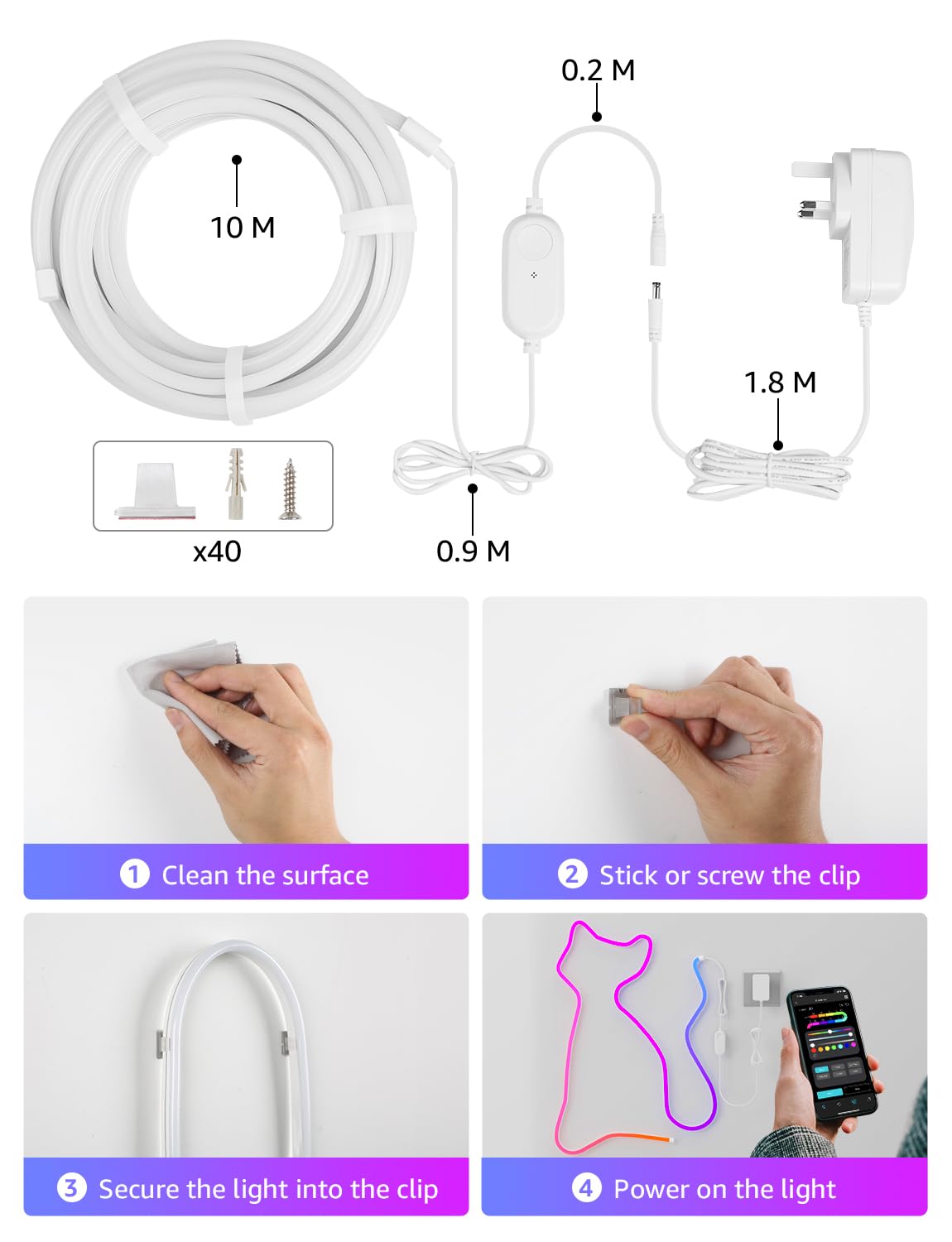 Lepro N1 AI Smart RGB Rope Lights, 32.8ft Multicolor LED Strip, Voice Control, Music Sync, App Compatible