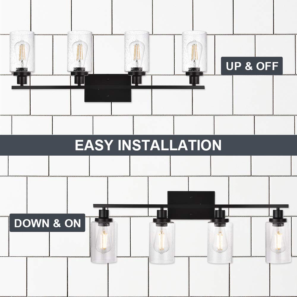 Winshen Black 4-Light Bathroom Light Fixtures With Seeded Glass Shade, 31-Inches Length Farmhouse Vanity Lights Over Mirror For