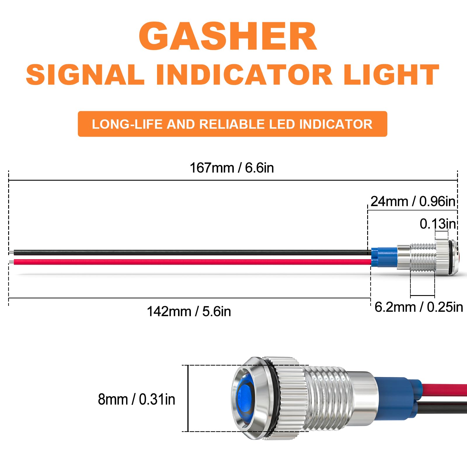 Gasher 12V/24V/110V 20Ma Energy Saving Indicator Light Mounting Hole Size 8Mm(5/16Inch) Green Yellow Red Blue White (24V) 5 Pcs