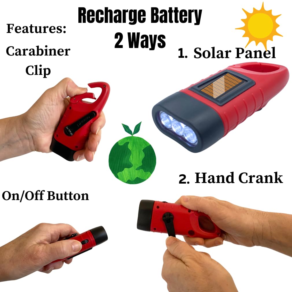 Evelots Hand Crank Solar Powered Flashlights ( 4 Pack ) Rechargeable Emergency Survival Flashlight For Camping , Car - Easy 3 Le