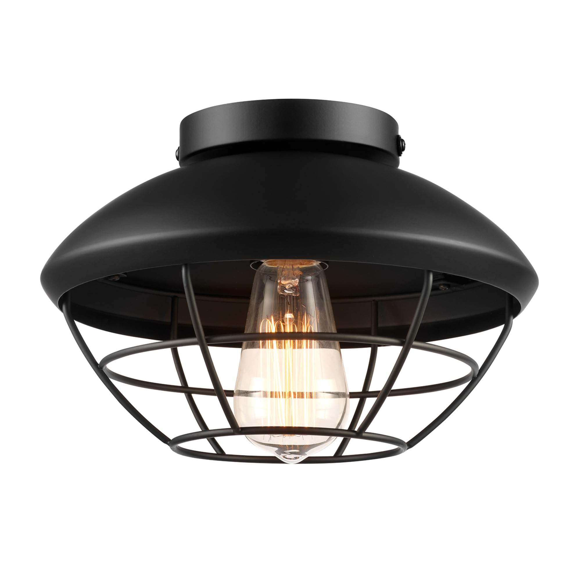 Globe Electric 60000120 1-Light Outdoor Flush Mount Ceiling Light, Matte Black Finish, Metal Cage Shade, Weather Resistant, Indu