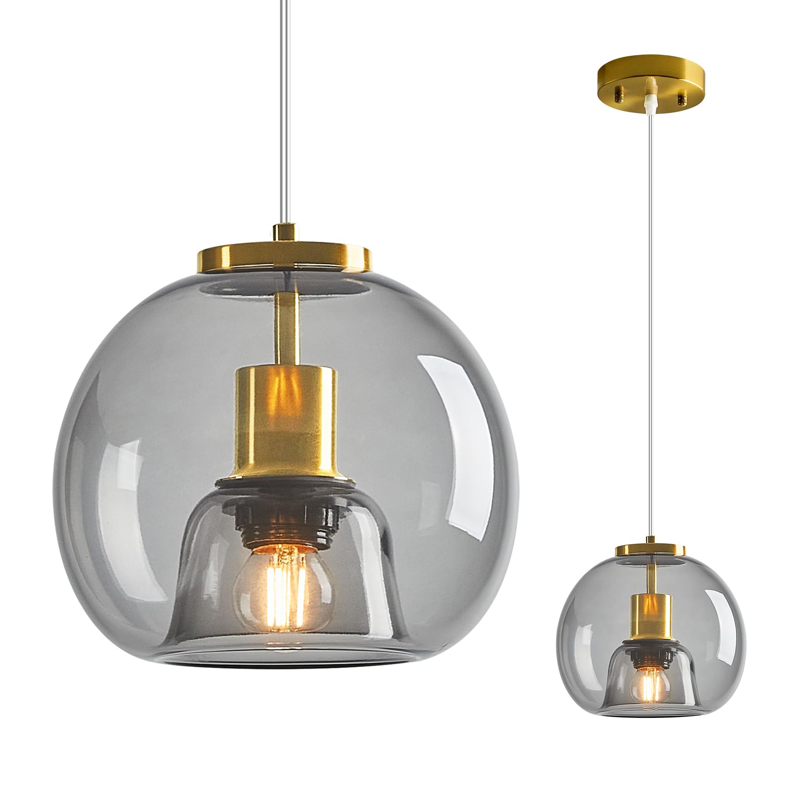 Lbsqj Light Grey Glass Pendant Lights Kitchen Island Gold Hanging Light Fixture Glass Globe Pendant Light Modern Pendant Lighting For Kitchen Island Bedroom Dining Room (7.87  1 Pack)