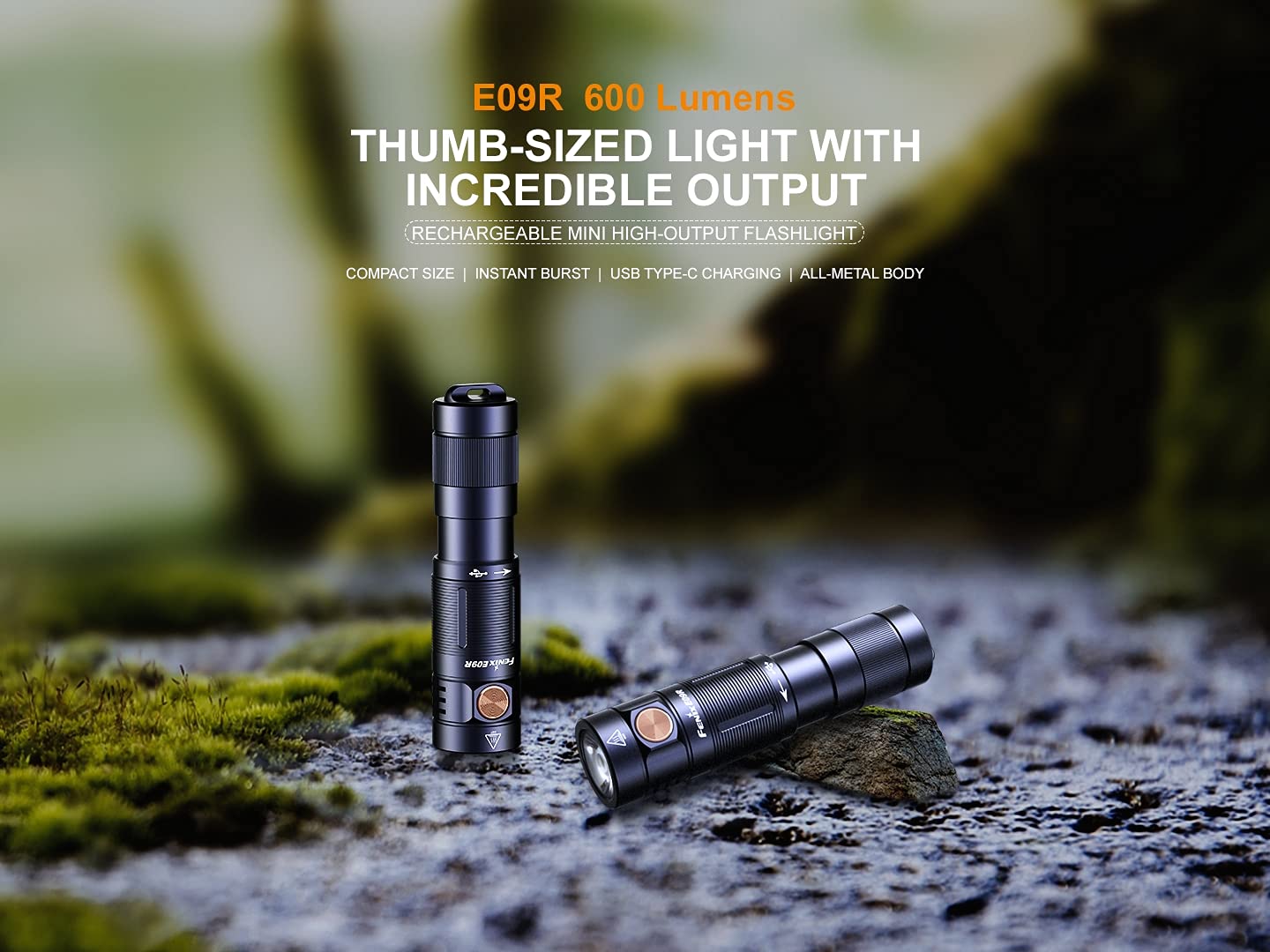 Fenix E09R EDC Flashlight, 600 Lumen, USB-C Rechargeable, Aluminum, Black