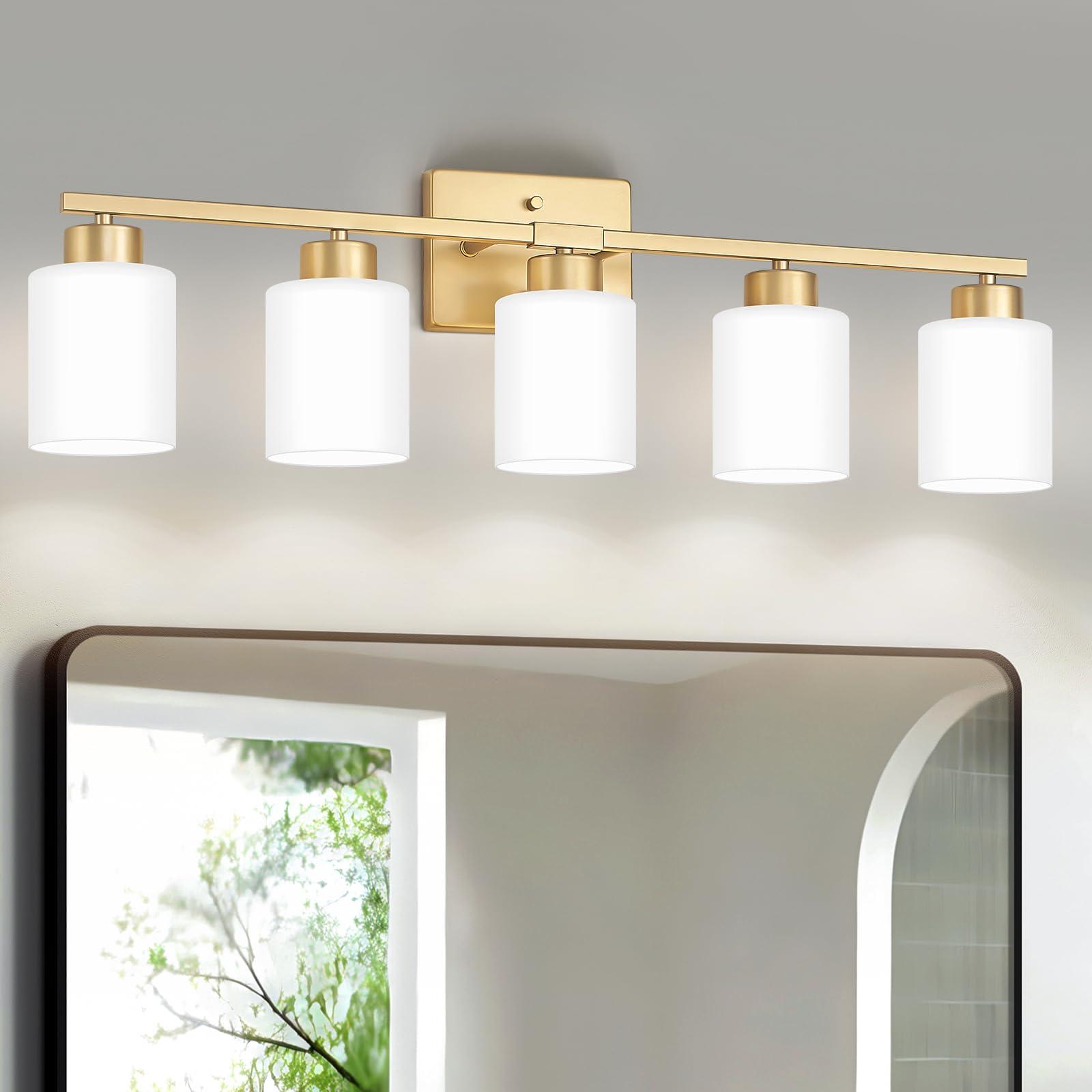 Fonmyim Gold Bathroom Light Fixtures, 5-Light Modern Vanity Light Over Mirror, Wall Sconces With Milky White Frosted Glass Shade