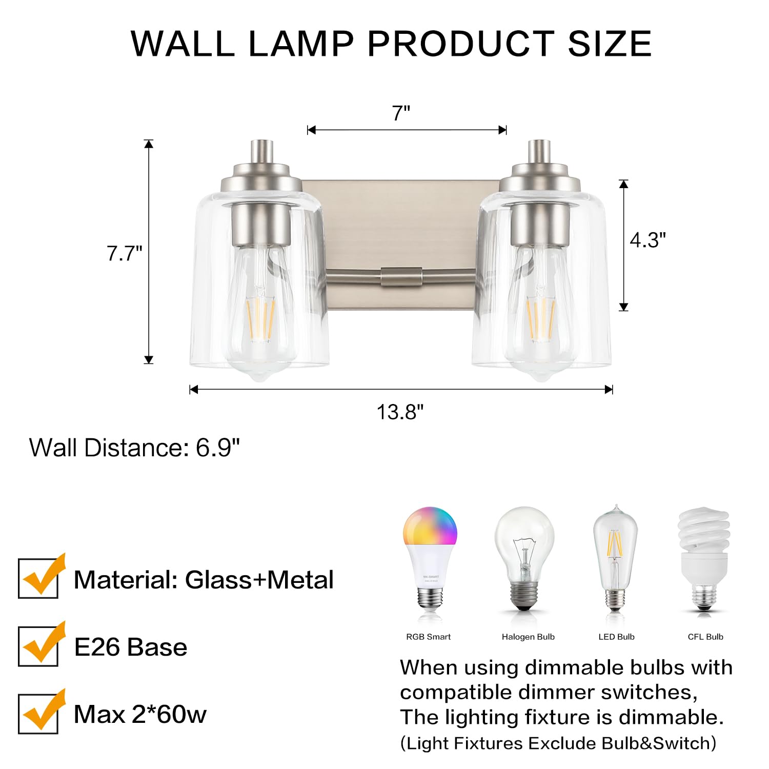 Solfart Brushed Nickel Vanity Light 2 Light Bathroom Vanity Light Bathroom Lights Vanity Light Fixtures Wall Lights Over Mirror