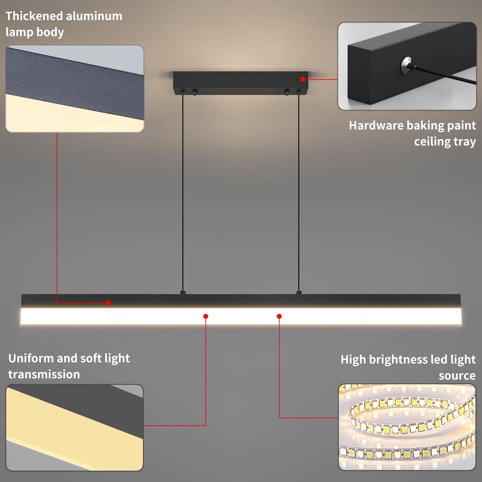 Led Linear Pendant Light, Dimmed Chandeliers For Dining Room With Remote Control, Modern Pool Table Island Lights Adjustable Cei
