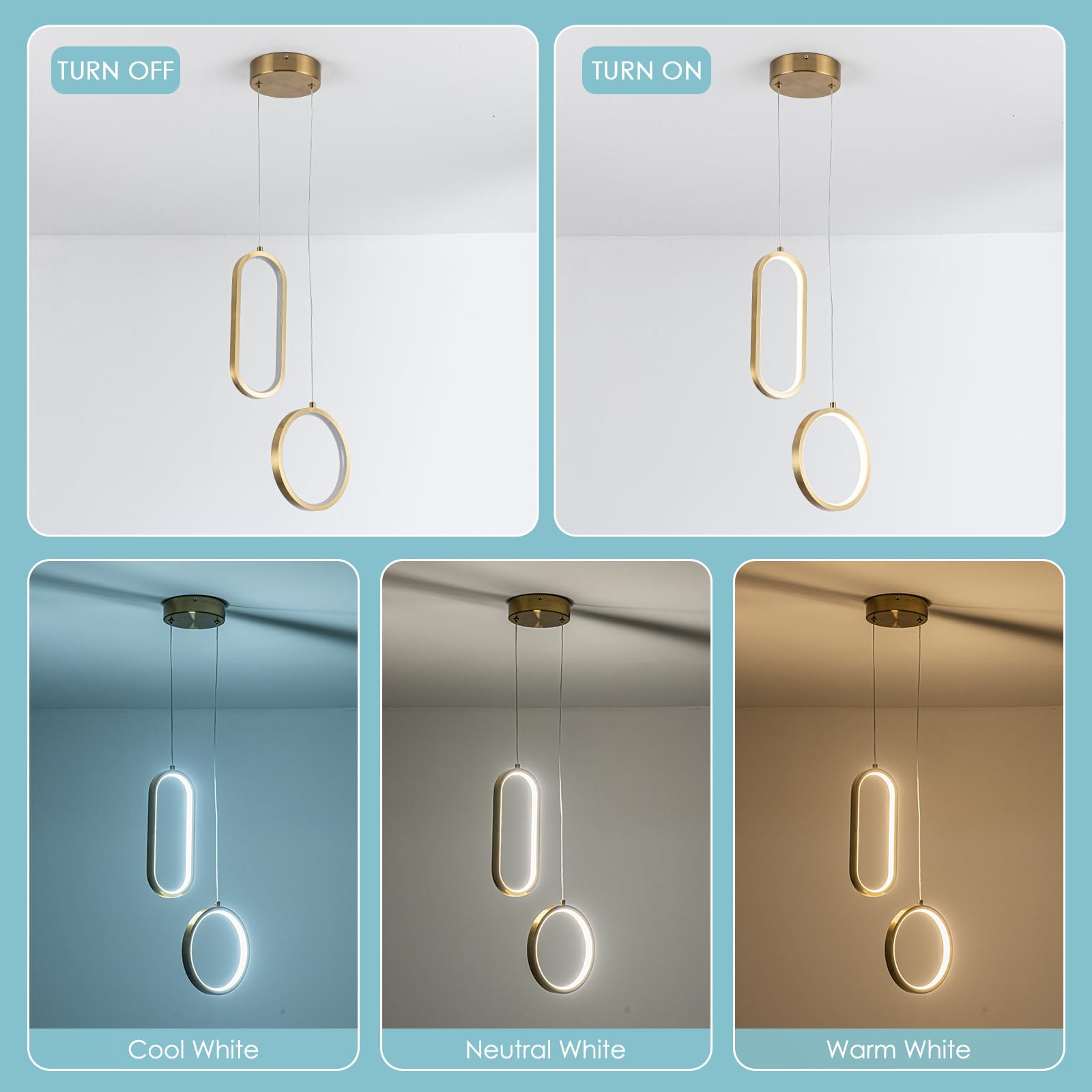 CHYING LED Pendant Light, 2 Ring 24W, Dimmable, 3-Color Temp, Gold, Model CYD401-2RING-G-D