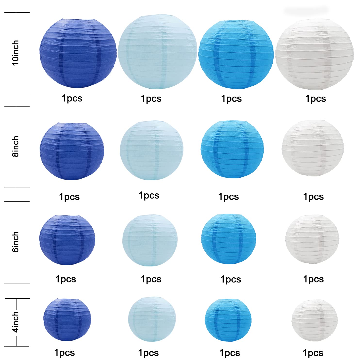Hossom Round Paper Lanterns, 16pcs Decorative Hanging Lanterns, Blue/White, Metal & Paper, Wedding & Party Decor