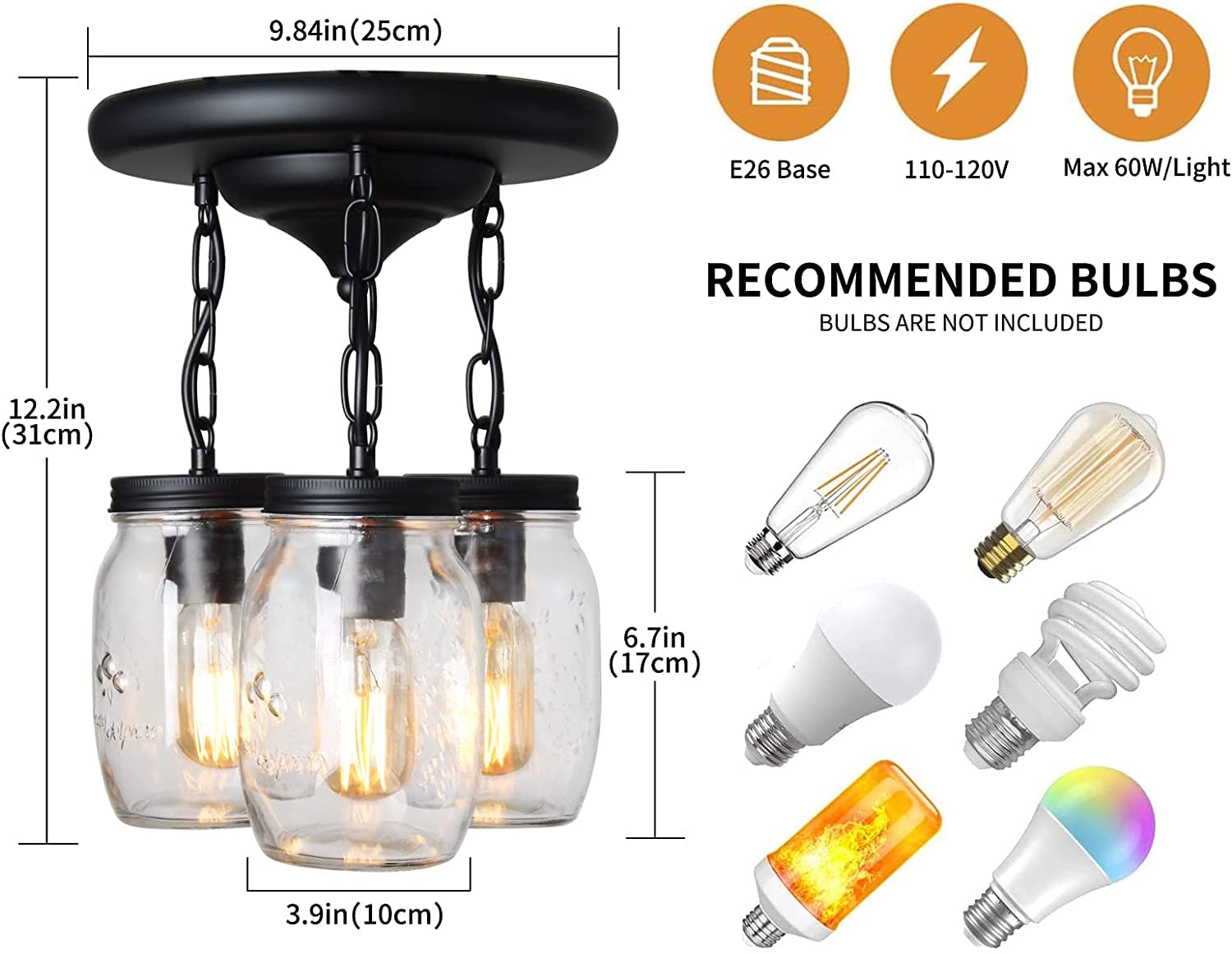 PUZHI HOME Mason Jar Pendant Light, 3-Light Chandelier for Kitchen Island, Black, Model 30