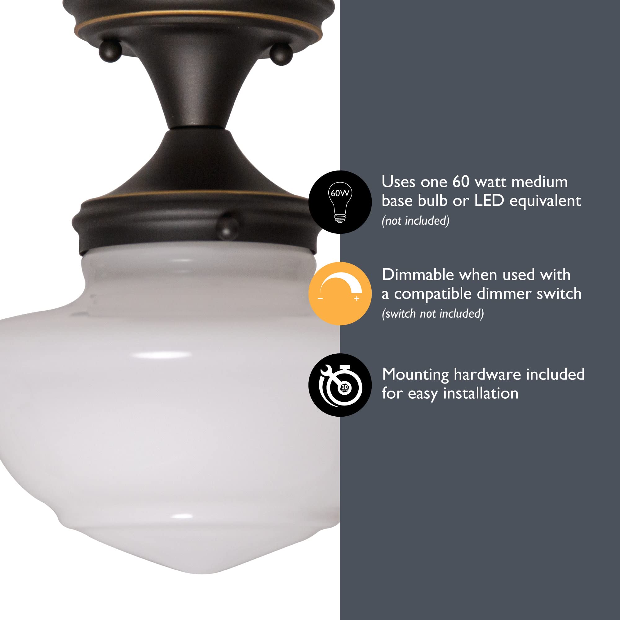 Design House 577502 Semi Flush Mount Ceiling Light, 1-Light, Oil Rubbed Bronze, Stainless Steel, Dimmable, for Entryway, Kitchen, Dining