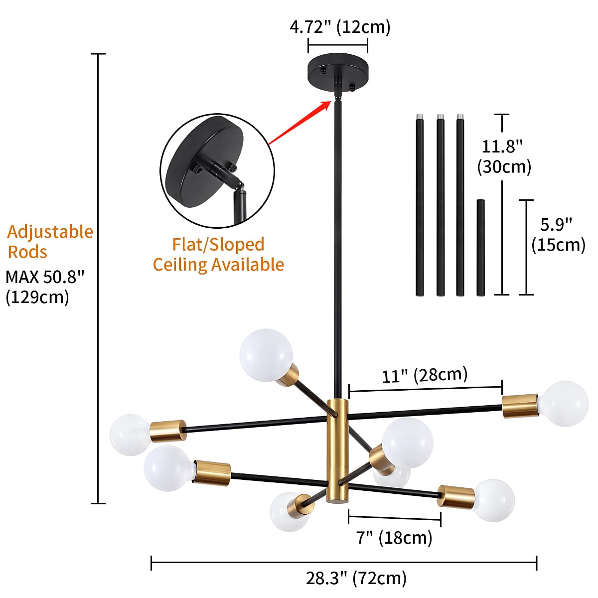 ZSMIHDOH 8-Light Chandelier, Modern Sputnik Design, Metal, Black & Gold, Model Huazhi-68T