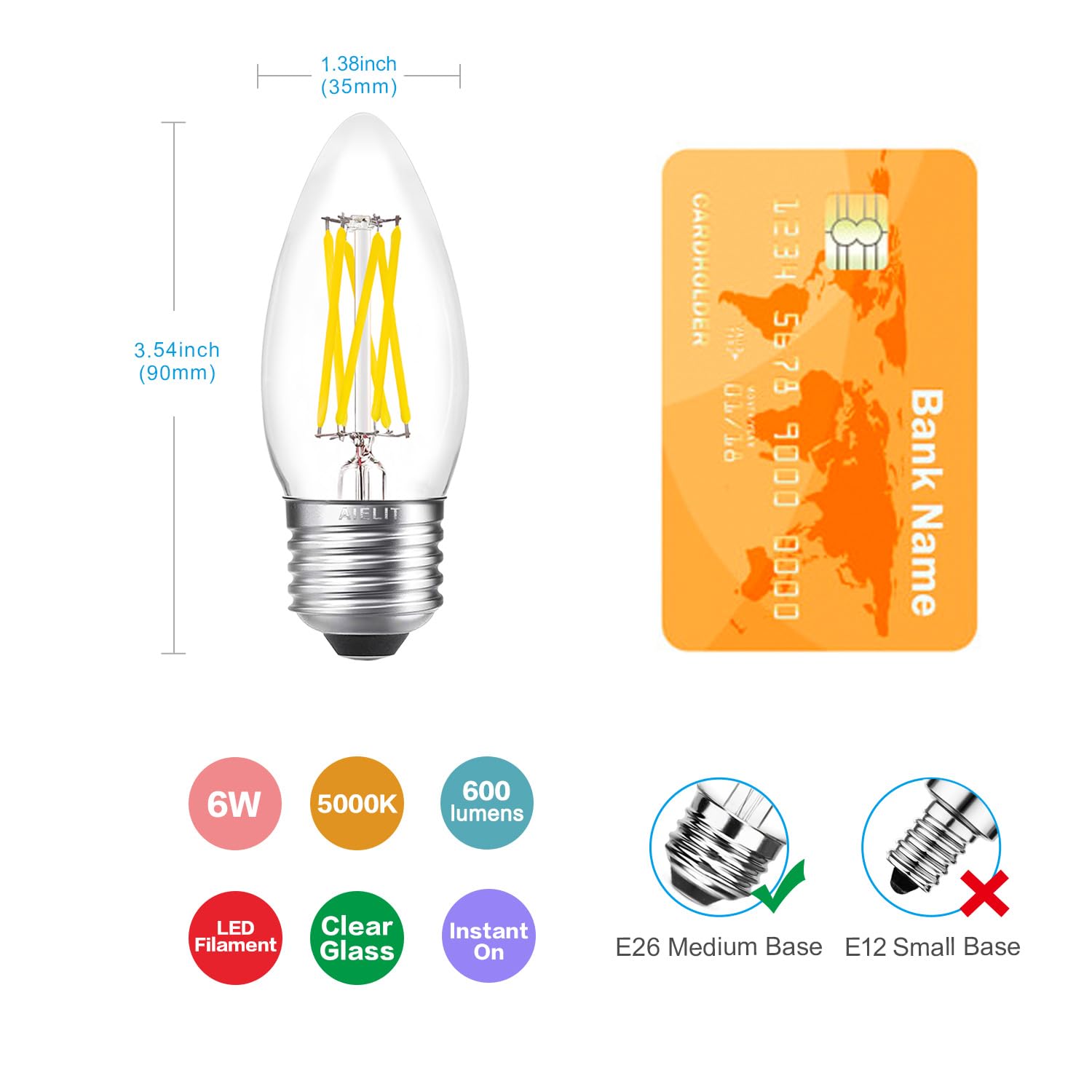 Aielit E26 Candelabra Led Bulbs Daylight, Dimmable Bright White 5000K, 6W B11 Candle Light Bulb 60 Watt Equivalent For Bathroom