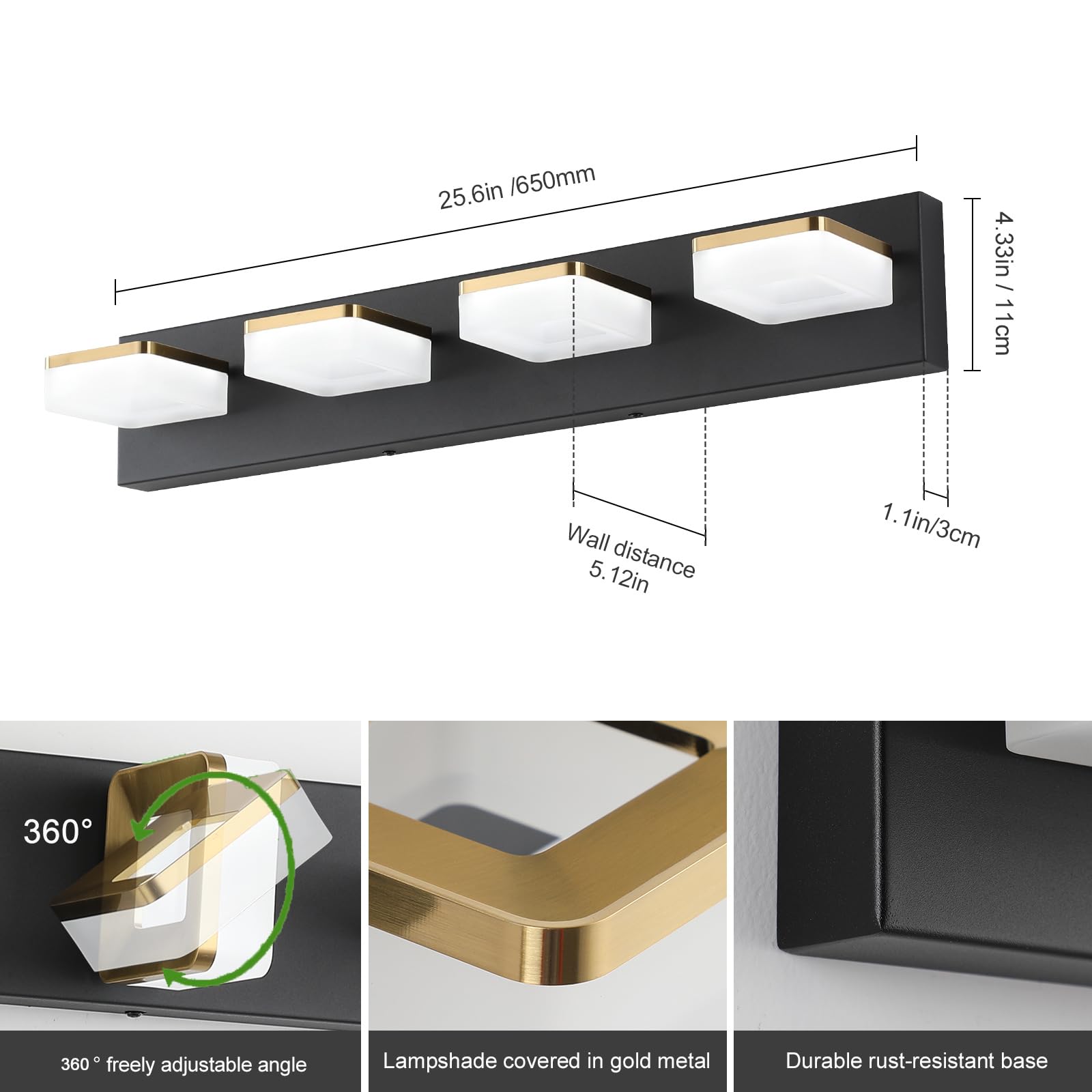 Bicrink 4-Light Dimmable Led Bathroom Vanity Fixture In Black/Gold With White Acrylic Shades  Rotatable Head  Sconce-Style Over-Mirror Lighting 5500K