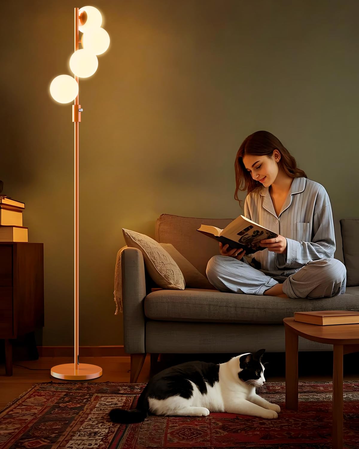 Lightdot 64IN Dimmable (Brightness Adjustable) Globe Floor Lamp, Orange Pole Standing Lamps with 4PCS 3000K G9 Bulbs Soft Warm W