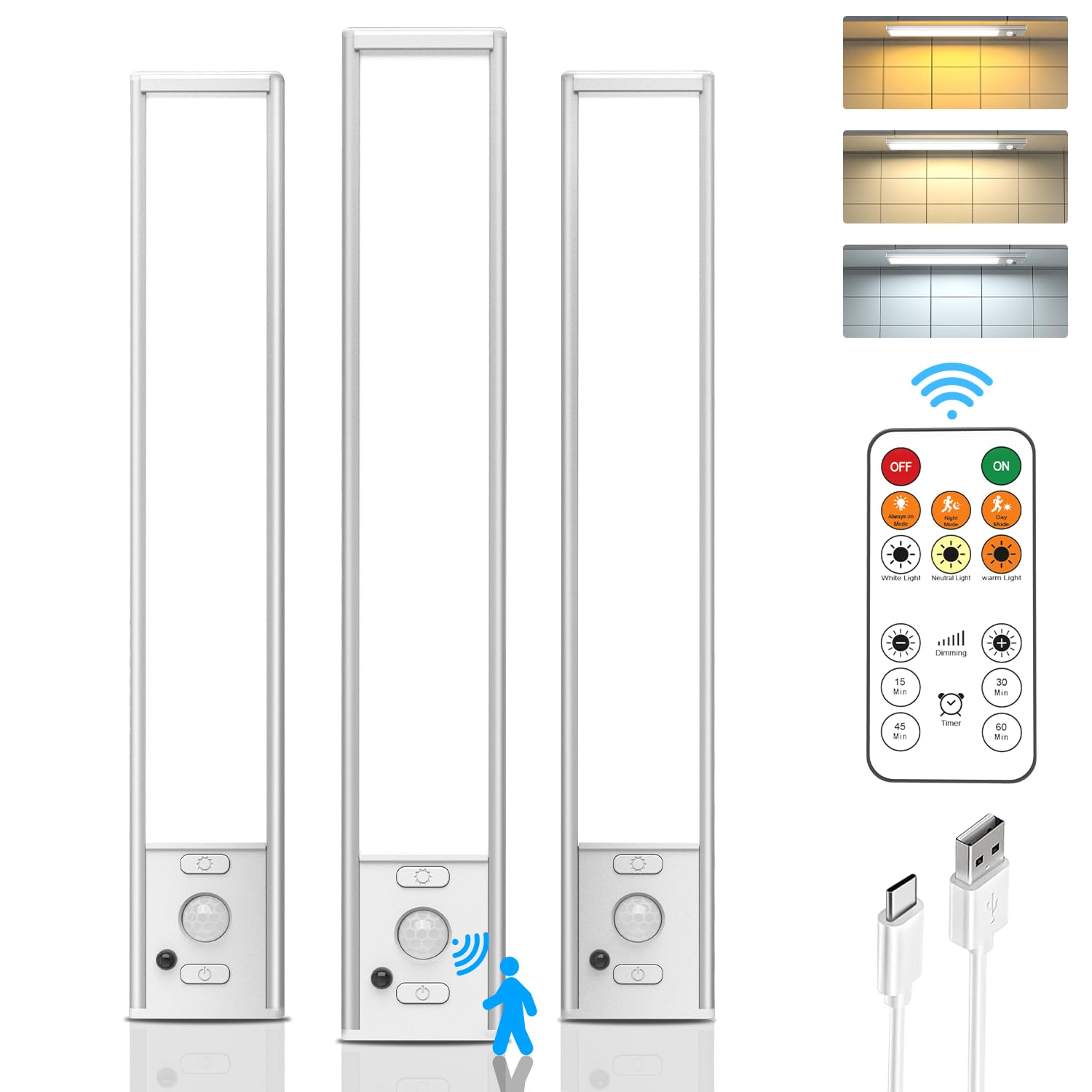 Under Cabinet Lights With Remote Control,Usb Rechargeable Battery 180 Lumens Motion Sensor Indoor Light Wireless Under Counter Lights,3 Color Dimmable Closet Lights For Kitchen,Stairs,Wardrobe