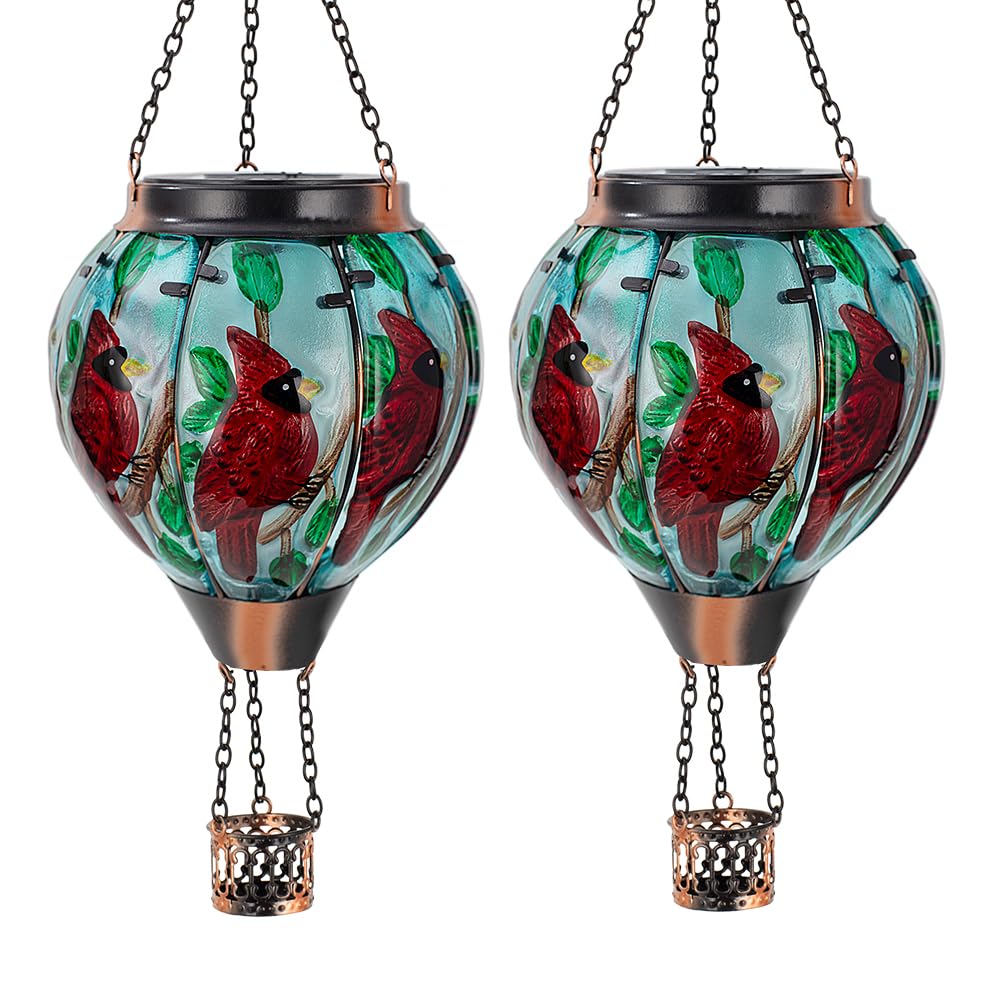 Starsoul 2 Pc Red Cardinal Hot Air Balloon Solar Lantern With Flame Glass Hanging Outdoor Hot Air Balloon Solar Light Waterproof