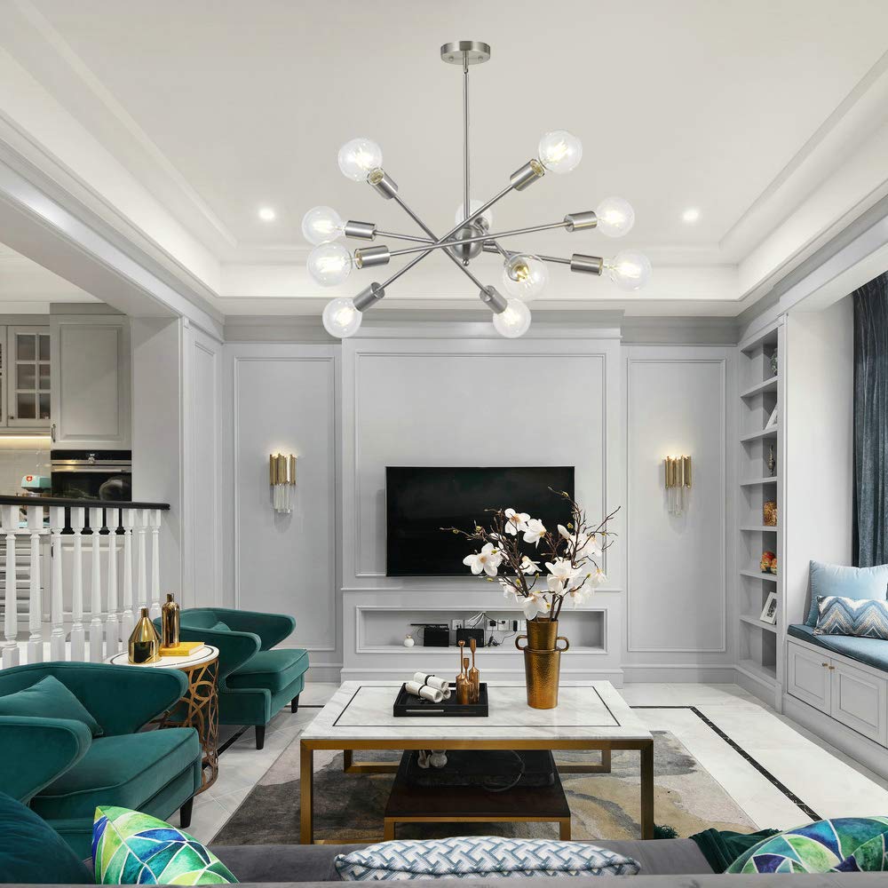 BONLICHT Modern Sputnik Chandelier Lighting 10 Lights with Adjustable Arms Mid Century Brushed Nickel Pendant Lighting for Kitch