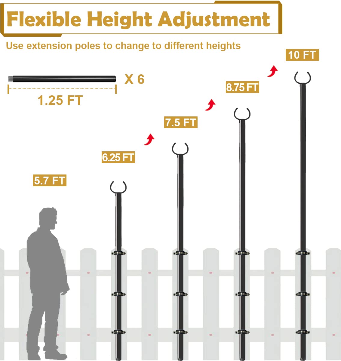 Derkniel 10 Ft Outdoor String Light Pole Stand For Deck Fence Or Patio Railing, Adjustable Globe Patio Light Post For Hanging Outside Decorate Lighting, 1 Pack