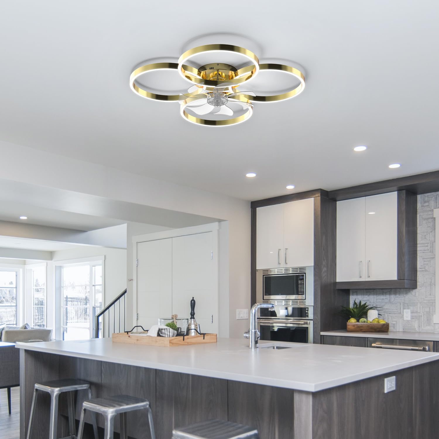 LOFIKEDI 30W LED Ceiling Light, 4 Ring Design, Dimmable 3500K-6500K, 27 Inch, Gold, Model YF-LEDF270