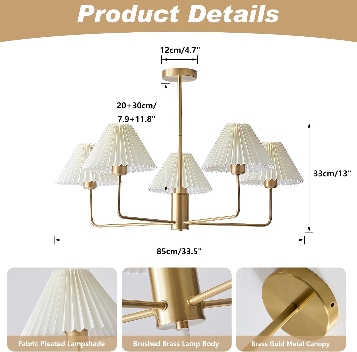 KCO 5-Light Pendant Light - White Fabric, Brushed Gold, Mid Century Modern Chandelier for Dining Room, Model L1157-5