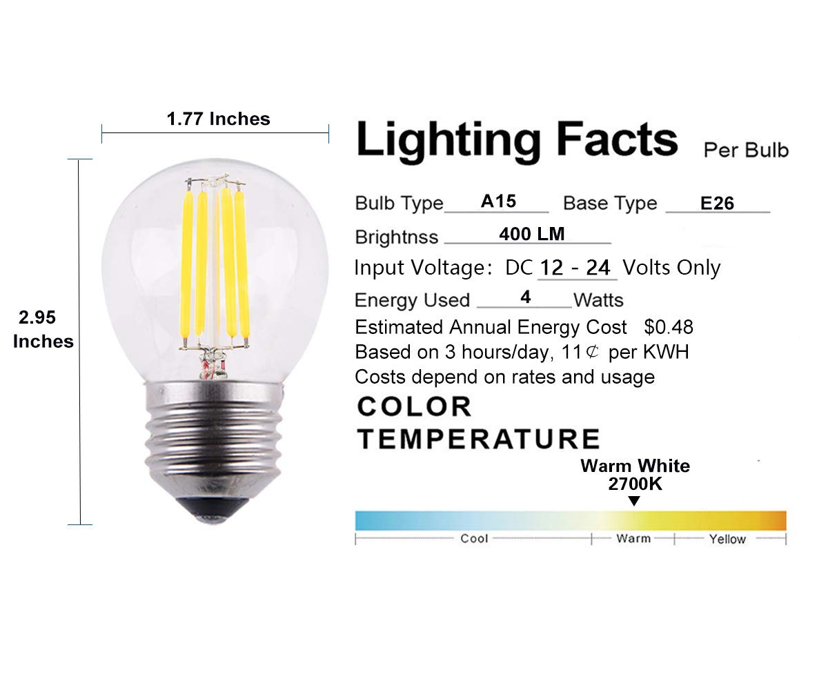 OPALRAY DC/AC 12V 4W LED Mini Globe Bulb, Dimmable with 12V DC Dimmer, E26 Medium Base, 2700K Warm White Light, 40W Incandescent