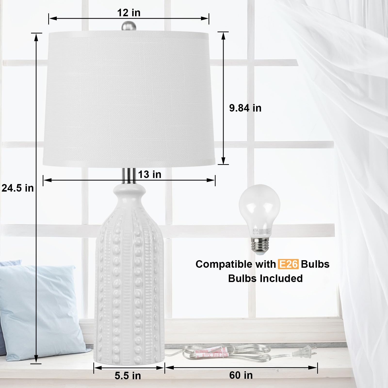 JUNNAI 24.5 White Ceramic Table Lamp – 3-Way Dimmable Nightstand Lamp with Drum Shade for Bedroom & Living Room, Bulb Included