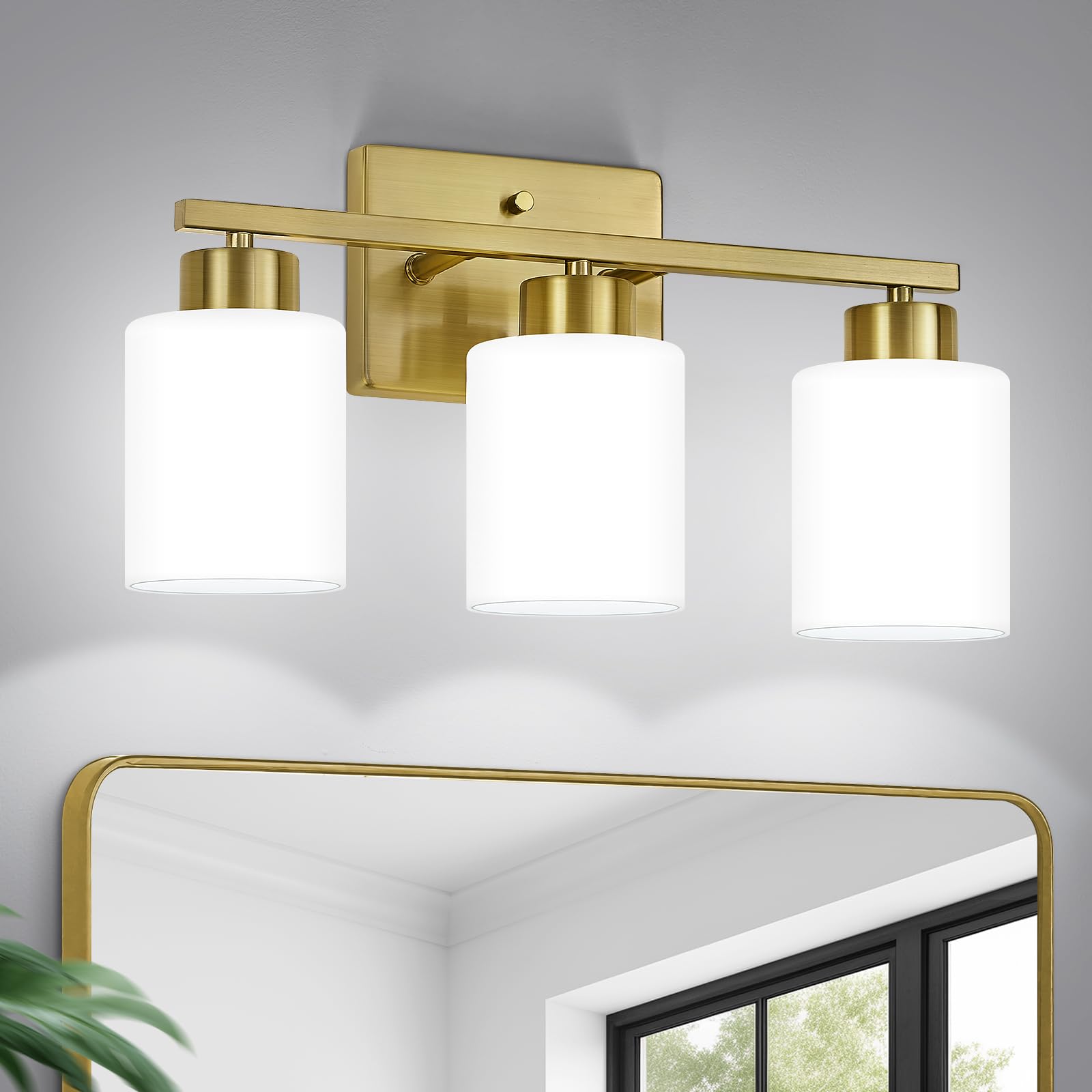 FonmYim Brushed Gold 3-Light Bathroom Vanity Light Fixture, Metal with Frosted Glass Shades, Model FY-GB3105-RG3