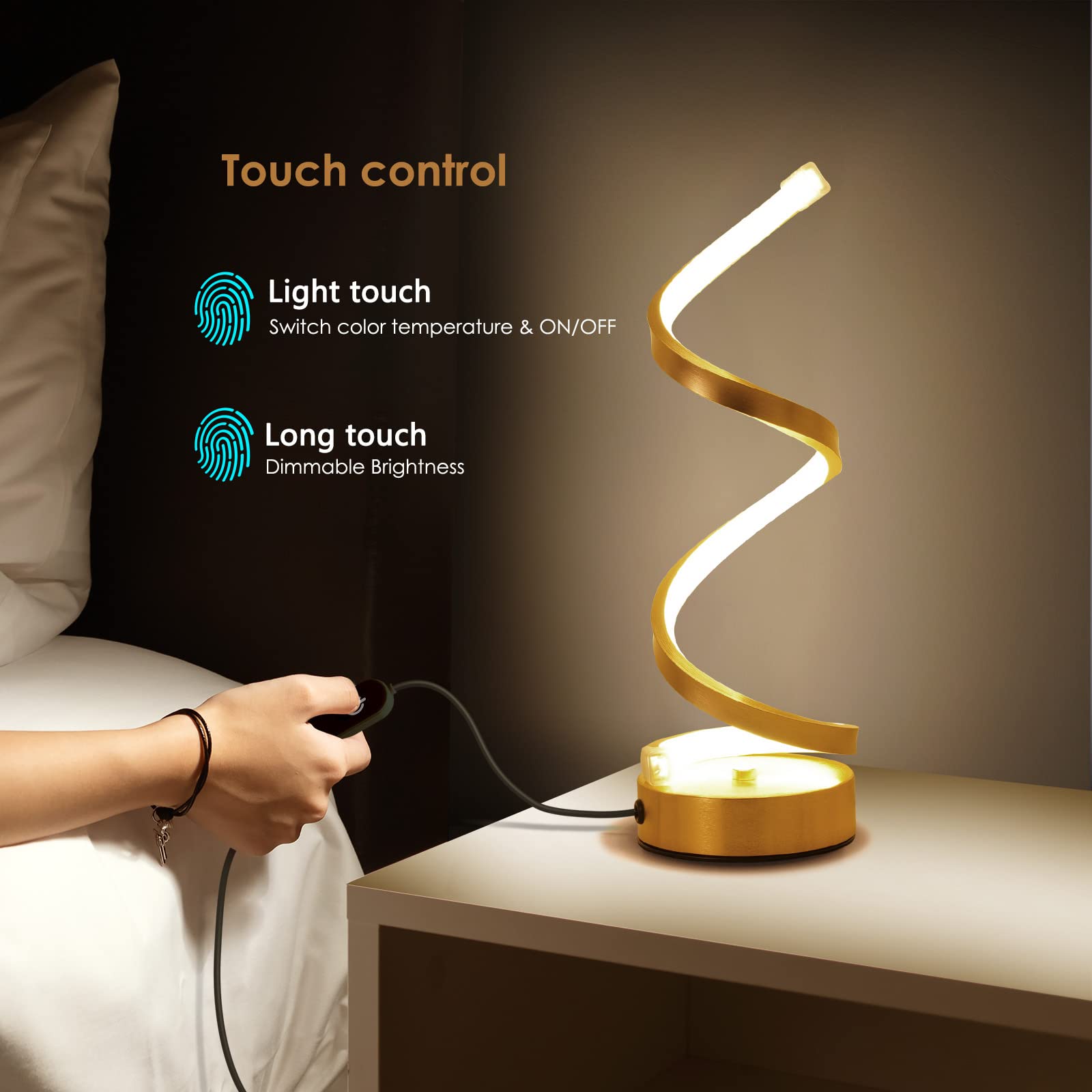Nuür Gold Infinity Spiral Led Table Lamp, Dimmable Metallic Bedside Lamp With Touch Controller, 3 Colour Temperature, 15.8 Inch Height, Decorative Lamp For Home, Living Room & Office