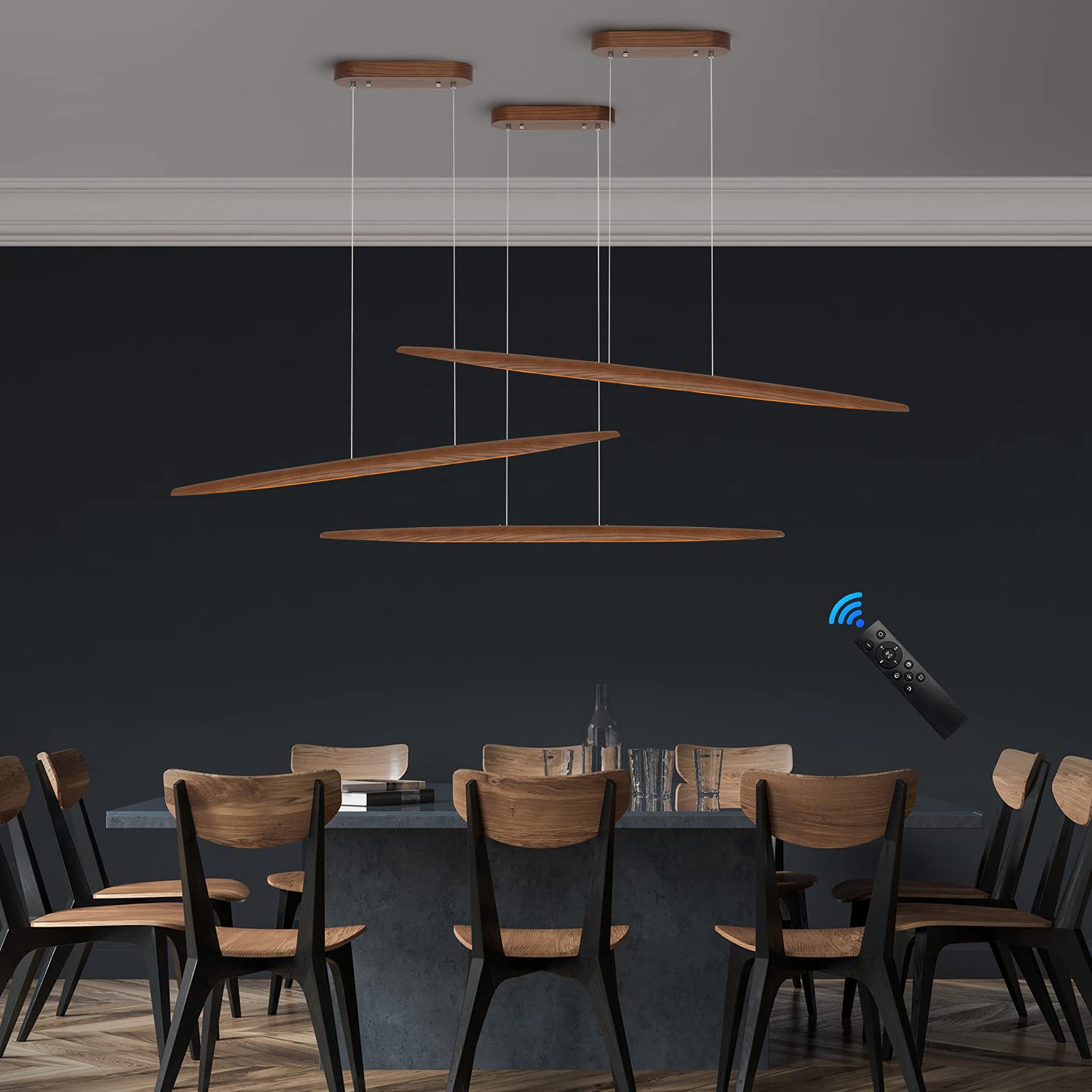 Yisdesign 39'' Wood Linear Pendant Light Led Dimmable Hanging Light Dinning Room Light Fixture Island Lights 24W For Dining Room