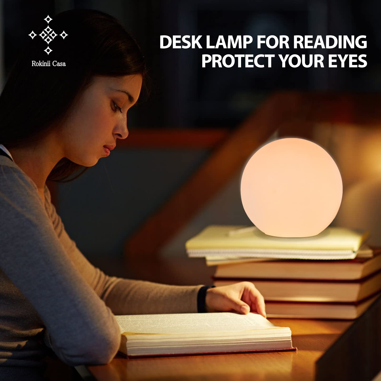 Rokinii Casa Ball Table Lamp - 7.8 Inch Glass Shade, Opal White for Bedroom, Office & Bookshelf Reading Decoration