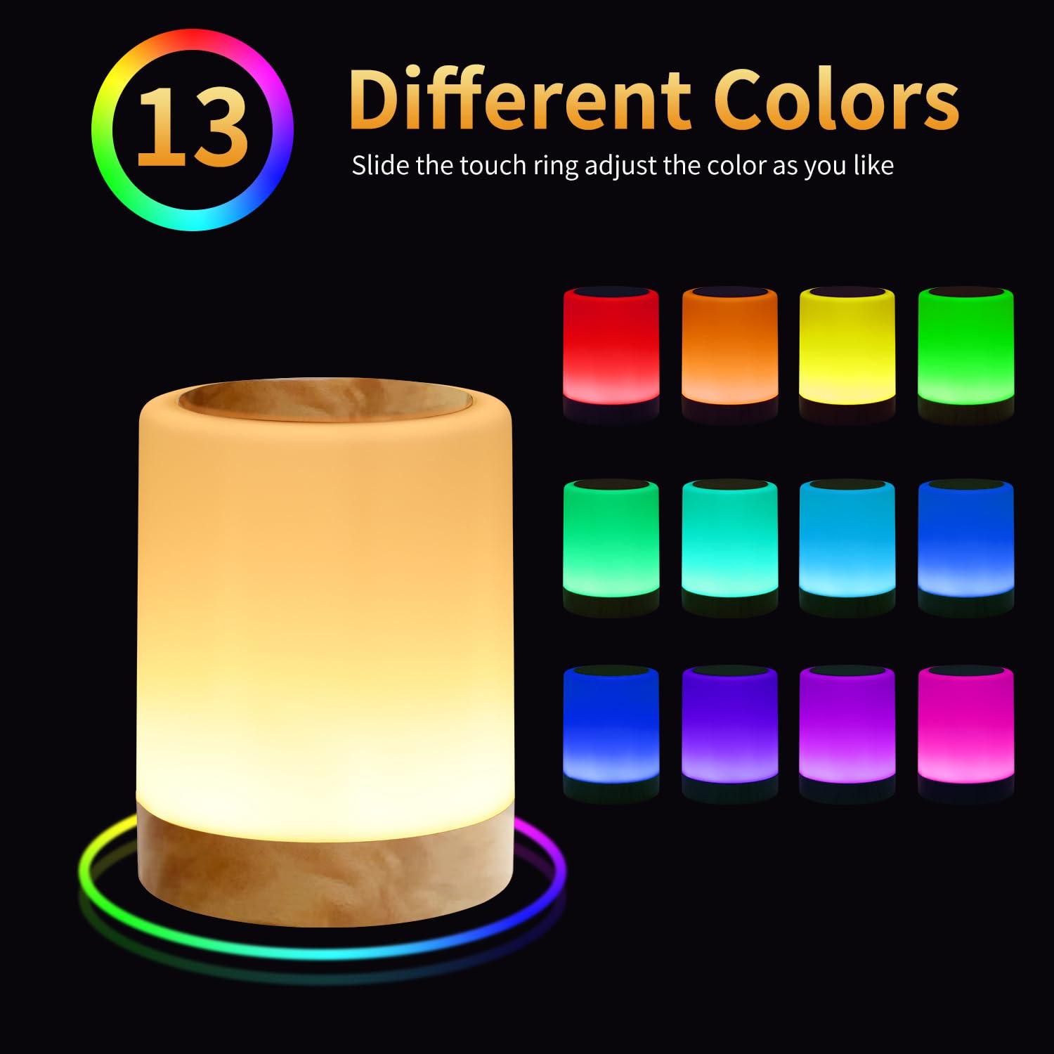 OORUN Touch Bedside Table Lamp, 13 RGB Colors, 5 Brightness Levels, USB Rechargeable, 3.74inx3.74inx4.8in, Amber Pattern, Model