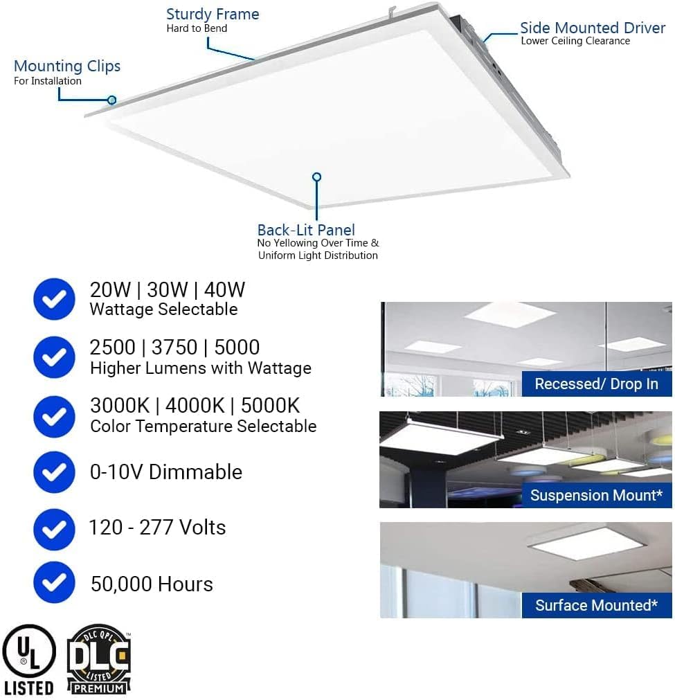2X2 Ft Led Light Flat Panel, 20/30/40W, Color Temperature Selectable 3K | 4K | 5K, Dimmable Recessed Drop Ceiling Lights, 2500/3750/5000 Lumens, Lay In Fixture For Office, 120-277V, Ul Dlc(12 Pack)