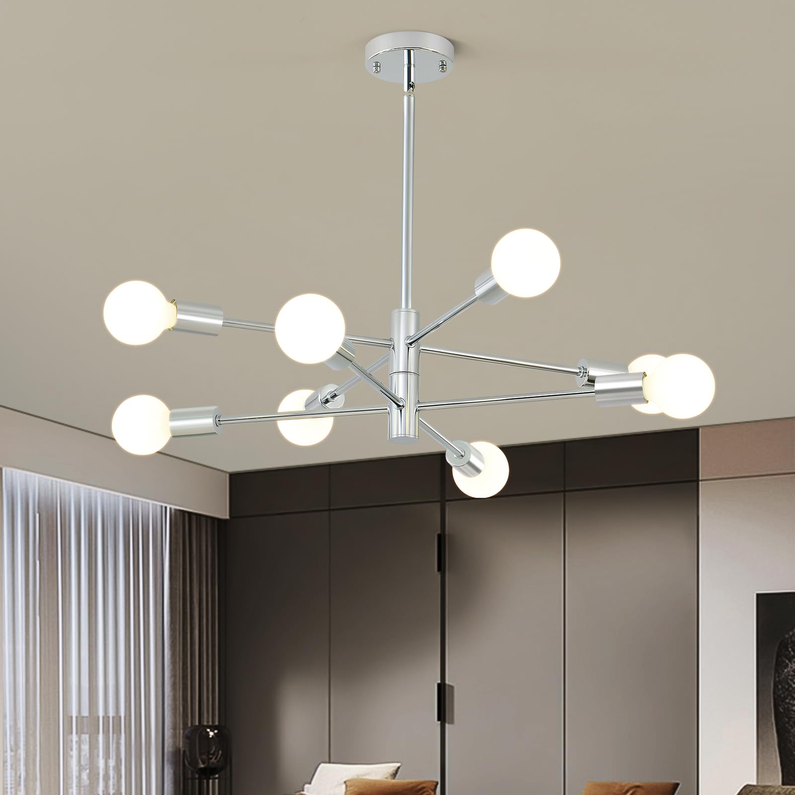 HHR Modern Sputnik Chandelier, Industrial 8-Light Chrome Ceiling Light Fixture, Height Adjustable Lighting for Kitchen Island,Be