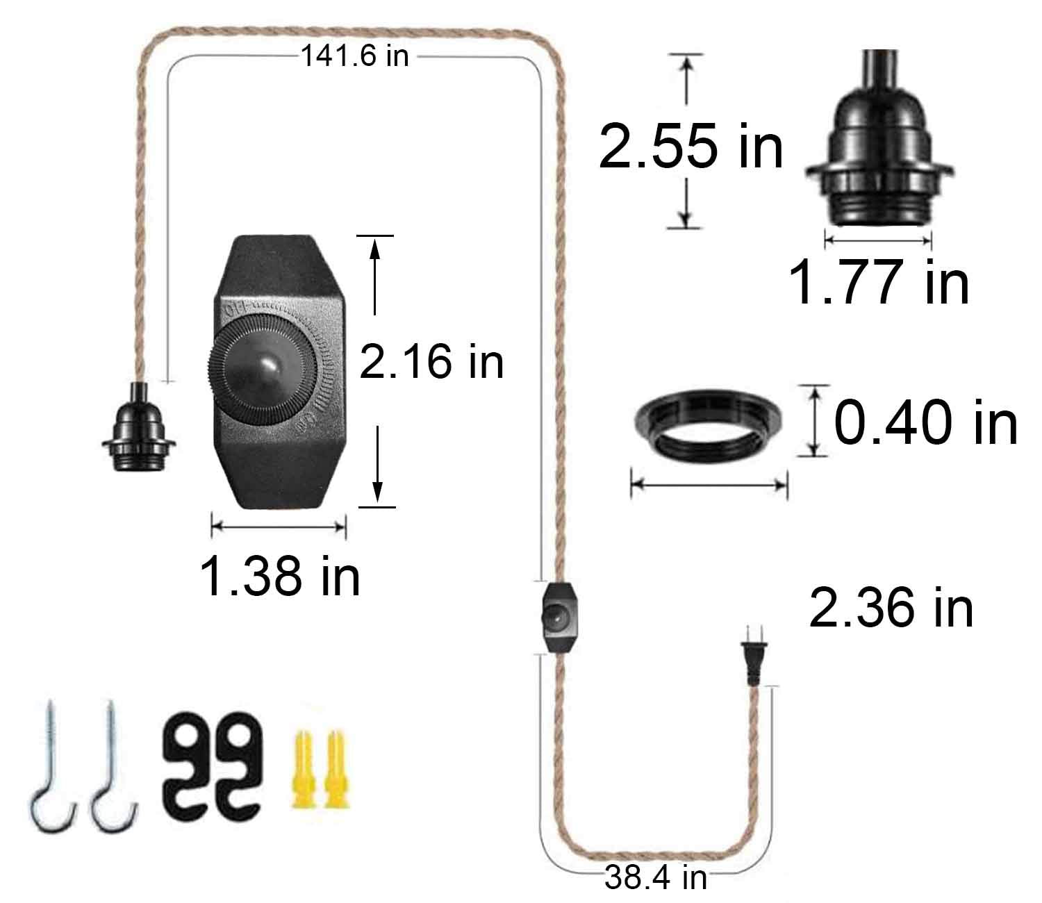 15Ft Pendant Light Cord Kit With Dimmer Switch, Twisted Hemp Rope Vintage Plug In Hanging Lighting, Industrial Lamp Socket Set E