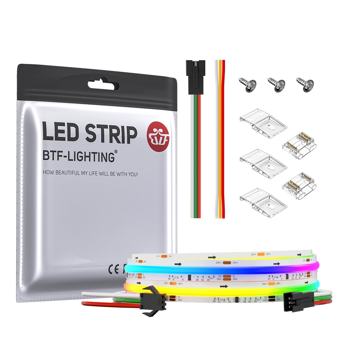 BTF-LIGHTING RGB COB LED Strip, 720LED/m, 3.2FT, White PCB, DC24V, Flexible High Density for Indoor Decor