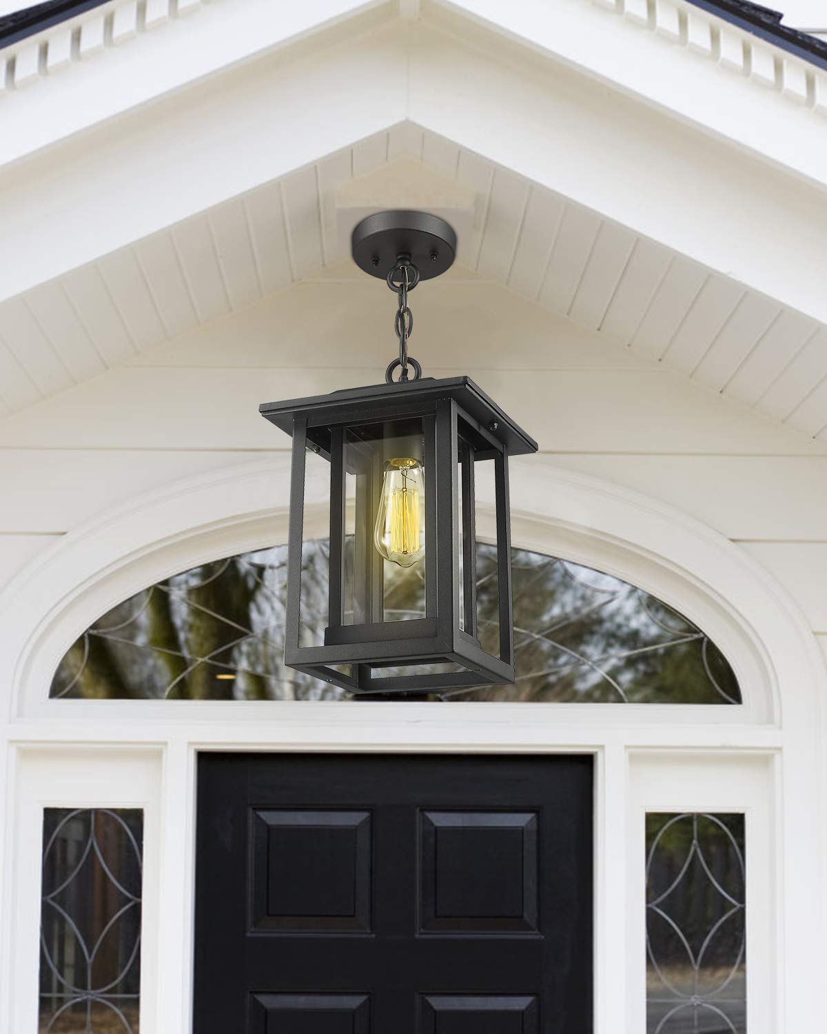 Beionxii Outdoor Pendant Light - Large Black Cast Aluminum Hanging Lantern, Clear Glass, Model A197H-1PK (13.5" x 9")