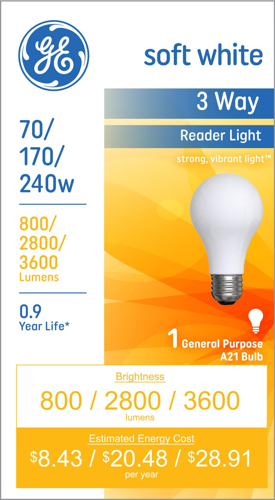 Ge Incandescent 240W Soft White A21 3-Way Bulb 1 Pack