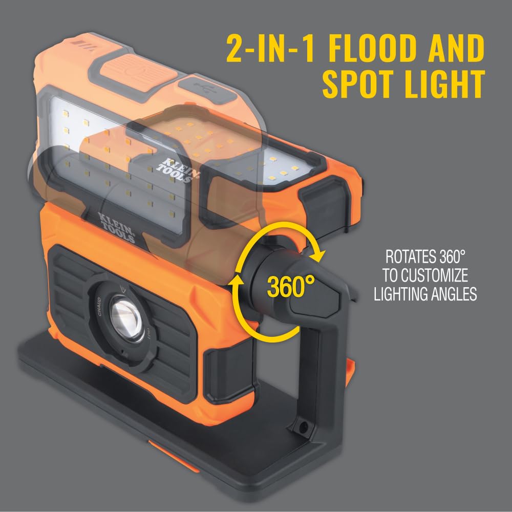 Klein Tools 56417 LED Work Light, 3000-Lumen, 2-in-1 Flood/Spot, Portable, Orange/Black