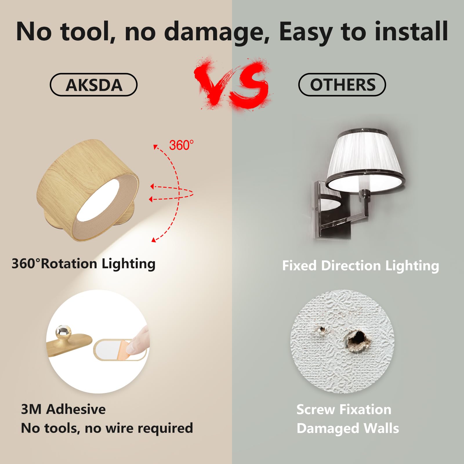 Aksda Battery Operated Wall Light, Led Wall Sconce With 3 Color Modes 3 Brightness Levels 360?Rotation Lighting Touch Control, W