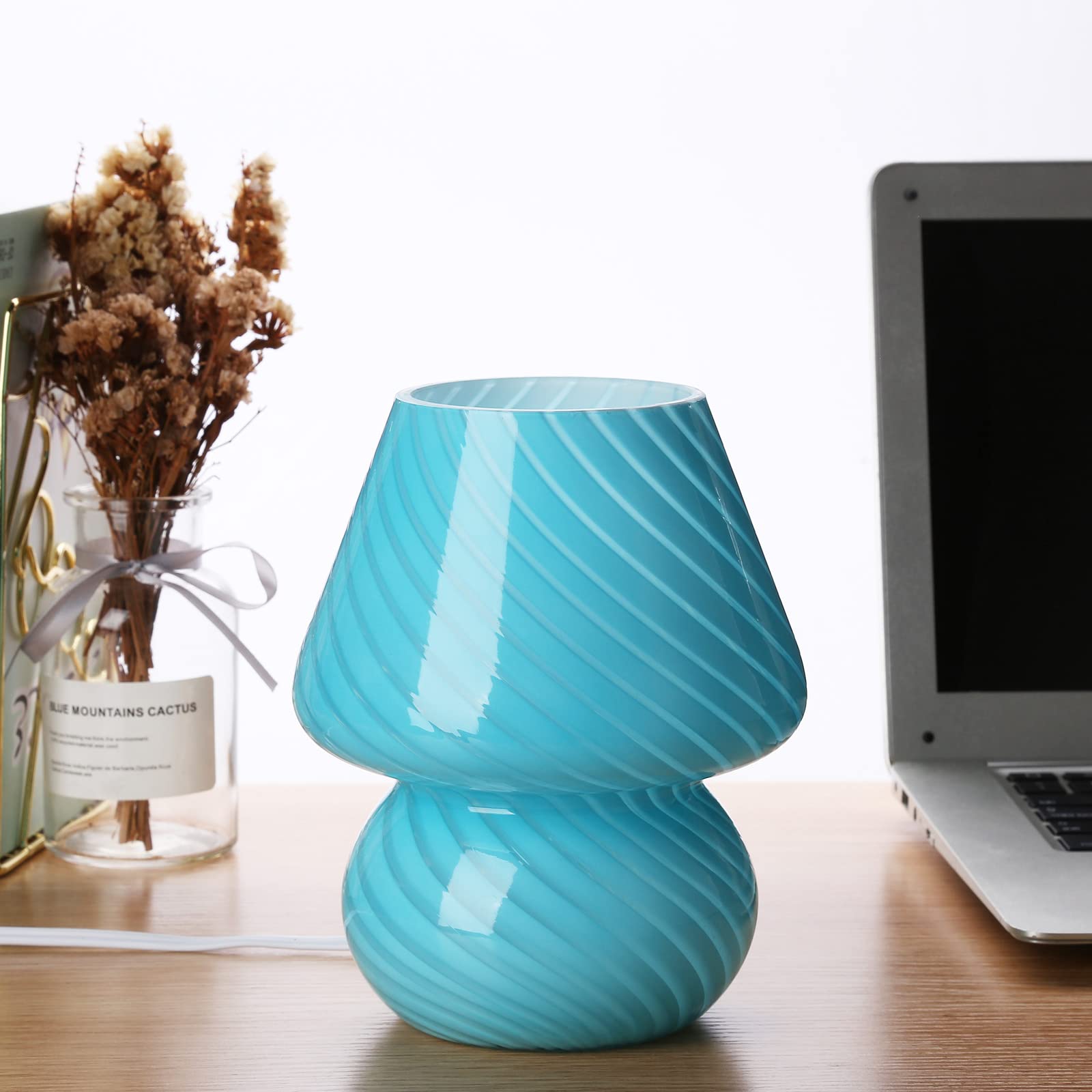 Mushroom Lamp,Glass Arctic Blue Mushroom Bedside Table Lamps Vintage Translucent Murano Style Striped Small Nightstand Desklamp 