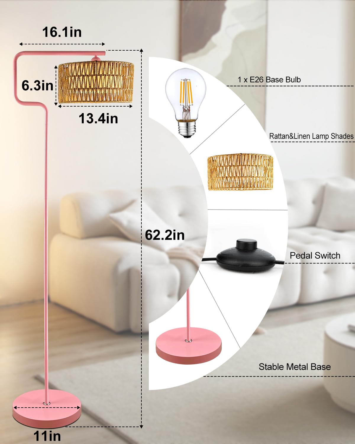 Lightdot Rattan Floor Lamp, Boho Arc Design, Double Shades, Foot Switch, Pink Model LFLL-M-97A