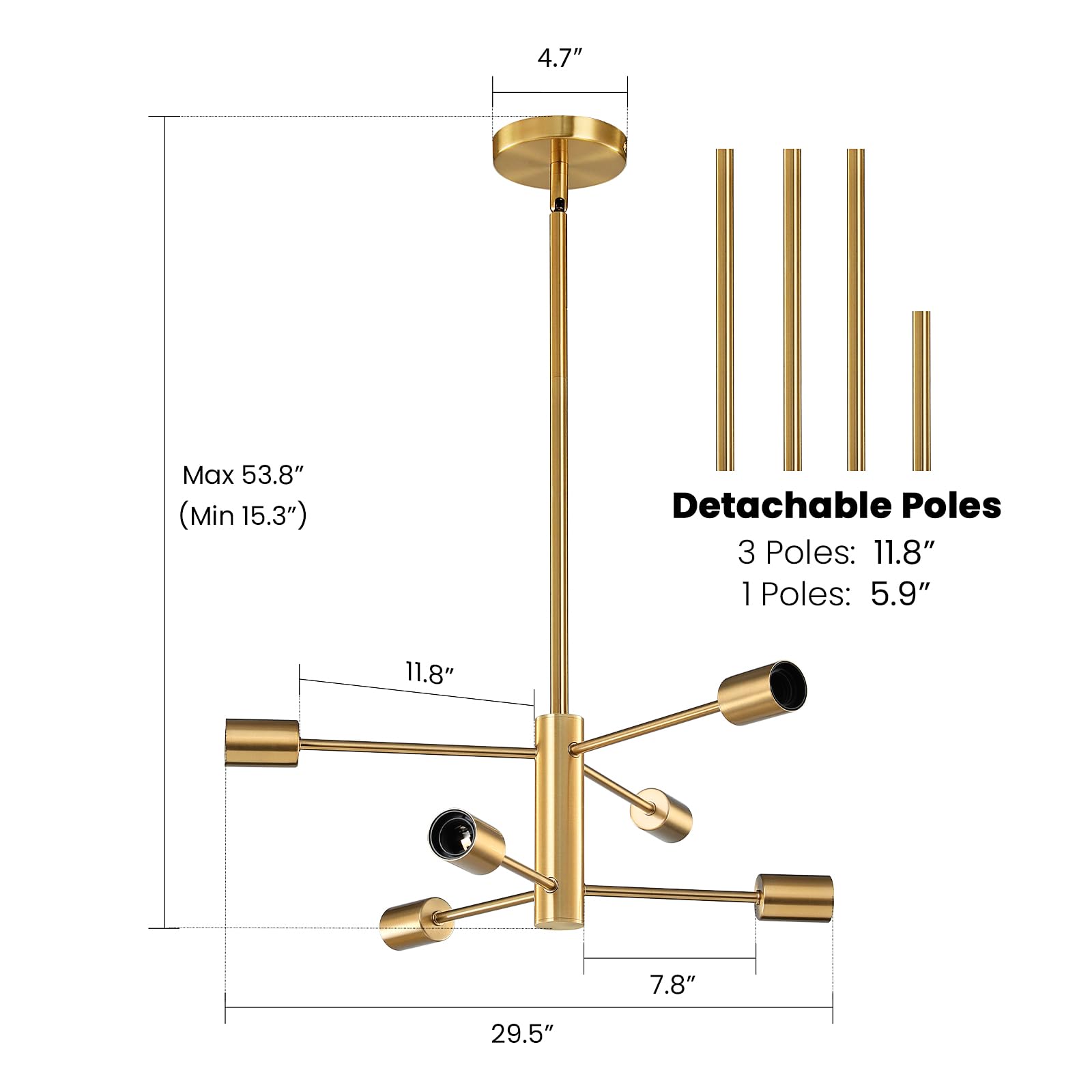 RUIYEY Modern Sputnik 6-Light Gold Chandelier, Adjustable Hanging Pendant Lighting for Dining Room and Entryway