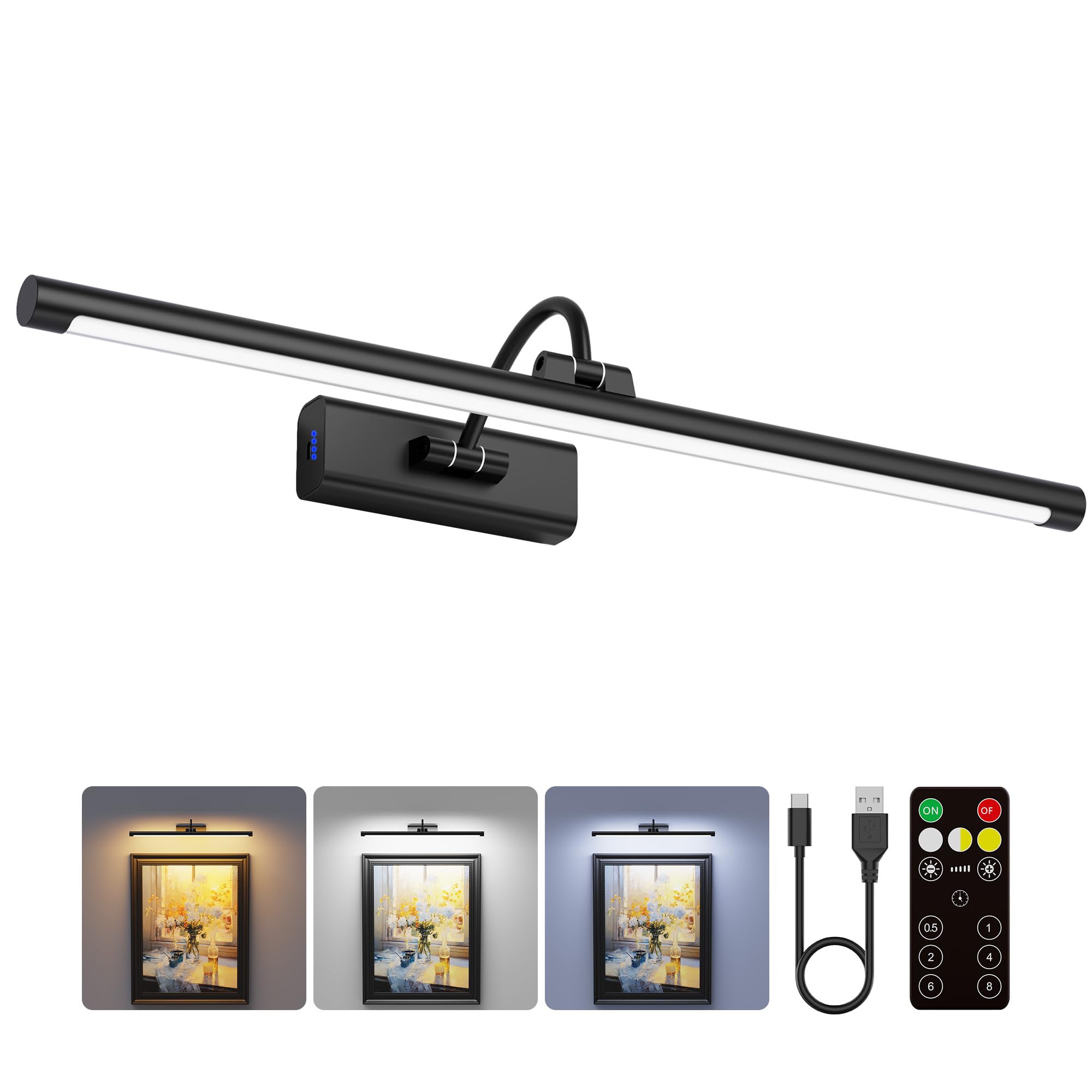 Craftersmark 24 Picture Light with 8000mAh Battery - Black Operated Wireless Wall Sconce with Remote & Timer for Large Discomforttings  Photo  Canvas & Artwork