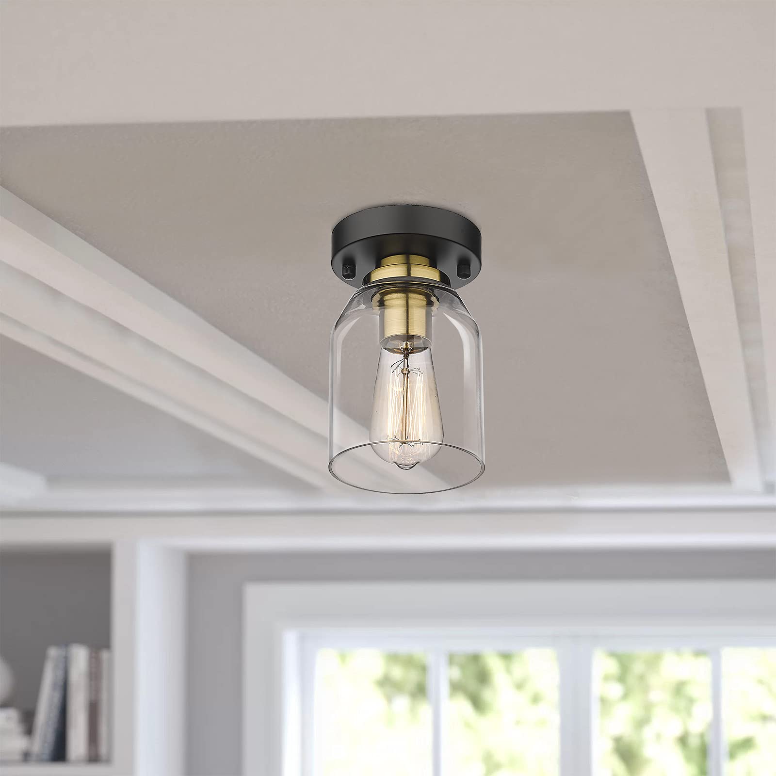 Zeyu Small Ceiling Light Fixture, Modern Semi Flush Mount Ceiling Light For Hallway Bedroom Kitchen, Black And Gold Finish, Zg33