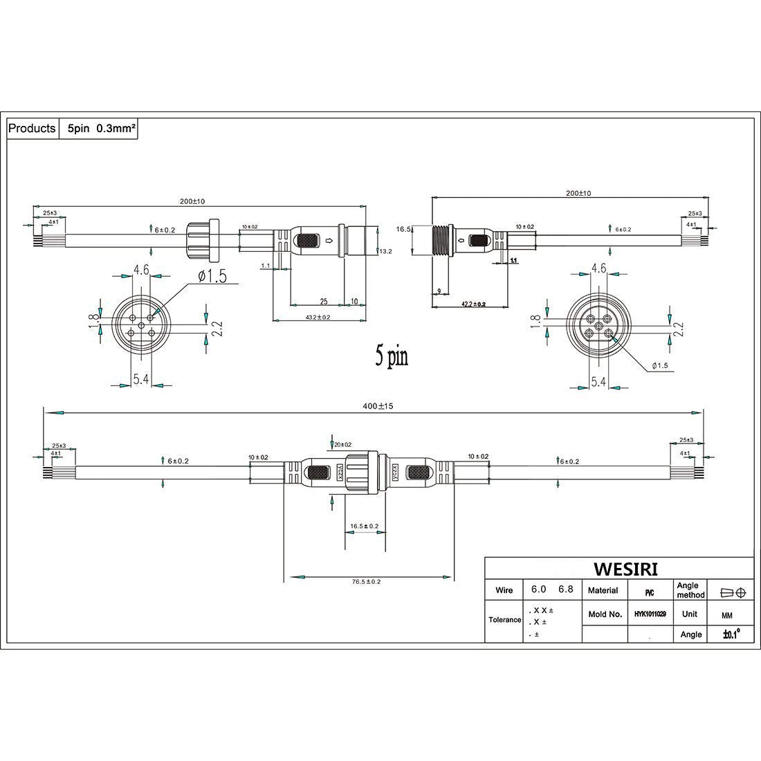 WESIRI 5Pairs 5pin Black Electrical LED Connector Extension Cable, 20cm Length, 0.3mm², Model 5x5pin-WP-B-B