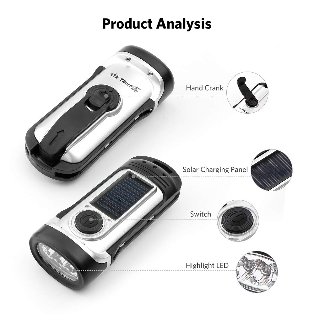 ThorFire Solar Flashlight Hand Crank Solar Powered Rechargeable Flashlight IPX6 Waterproof LED Emergency Lights Dynamo Torch Ide