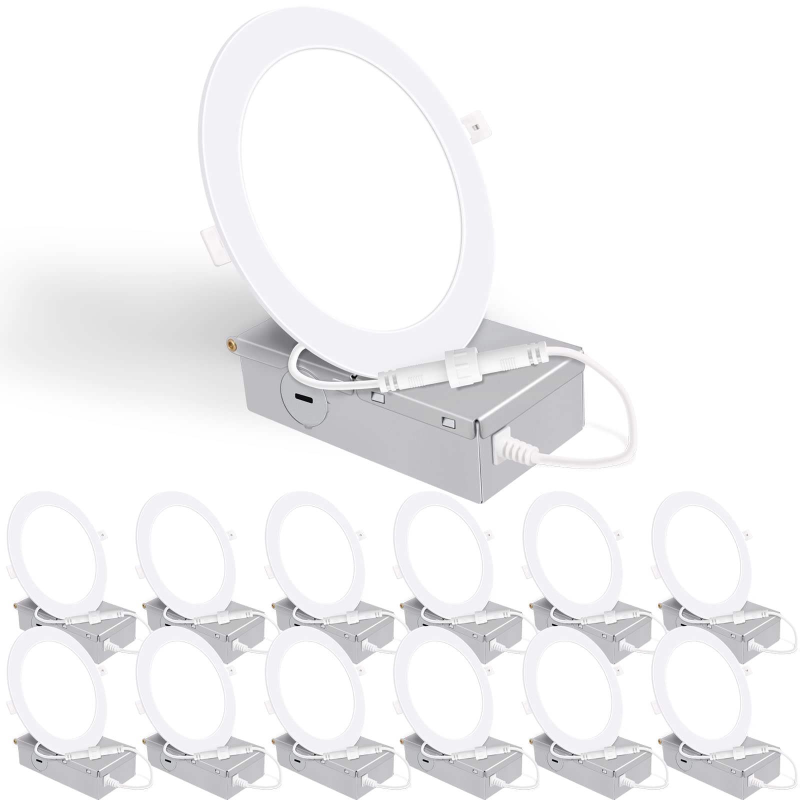 Energetic 12 Pack 6 Inch Ultra-Thin LED Recessed Ceiling Light with Junction Box, 5000K Daylight, 12W 110W Eqv, Dimmable Canless
