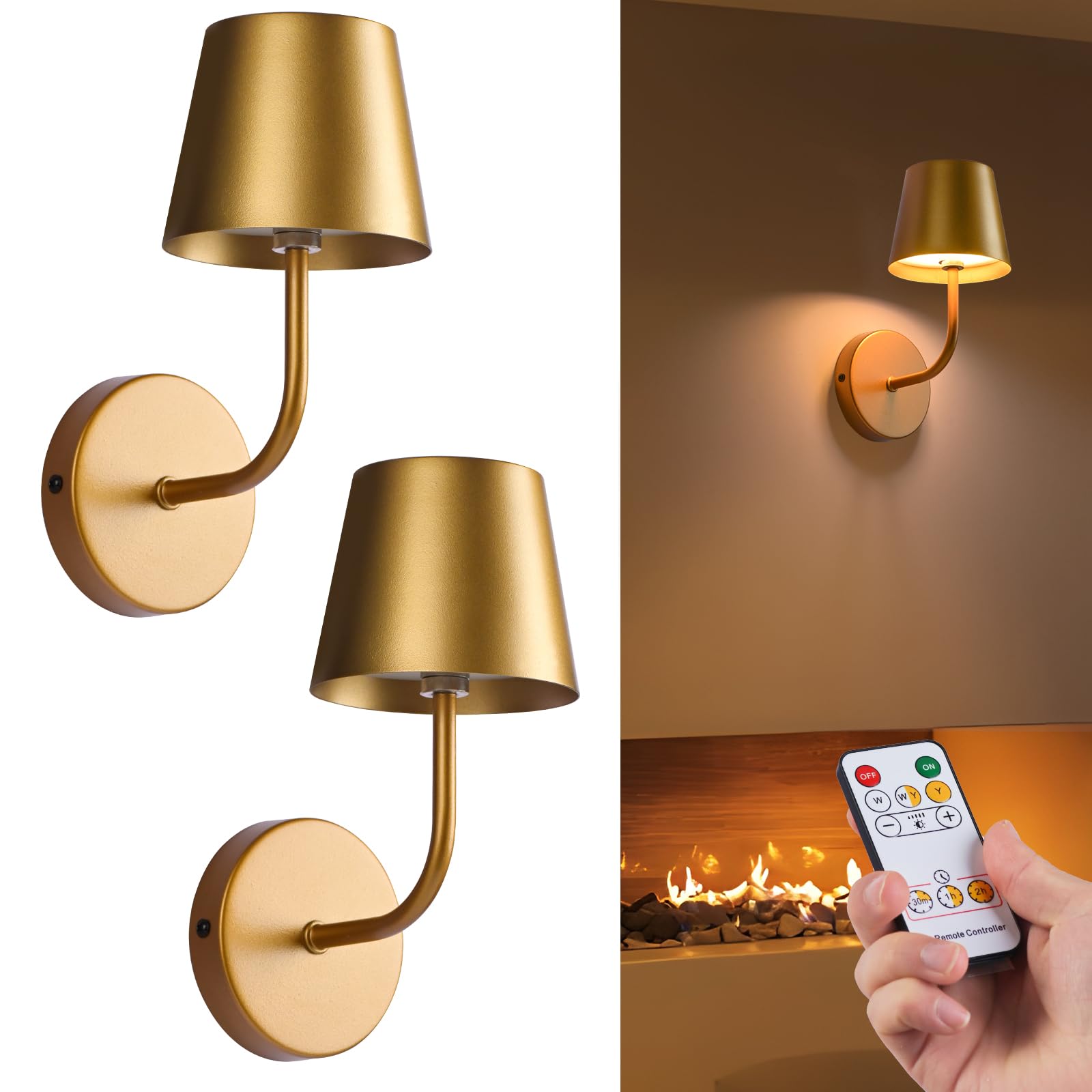 IMQSQIK LED Wall Lamp Set of 2, Rechargeable 5600mAh, Touch Control, Gold, Model RQ-14-2Pack