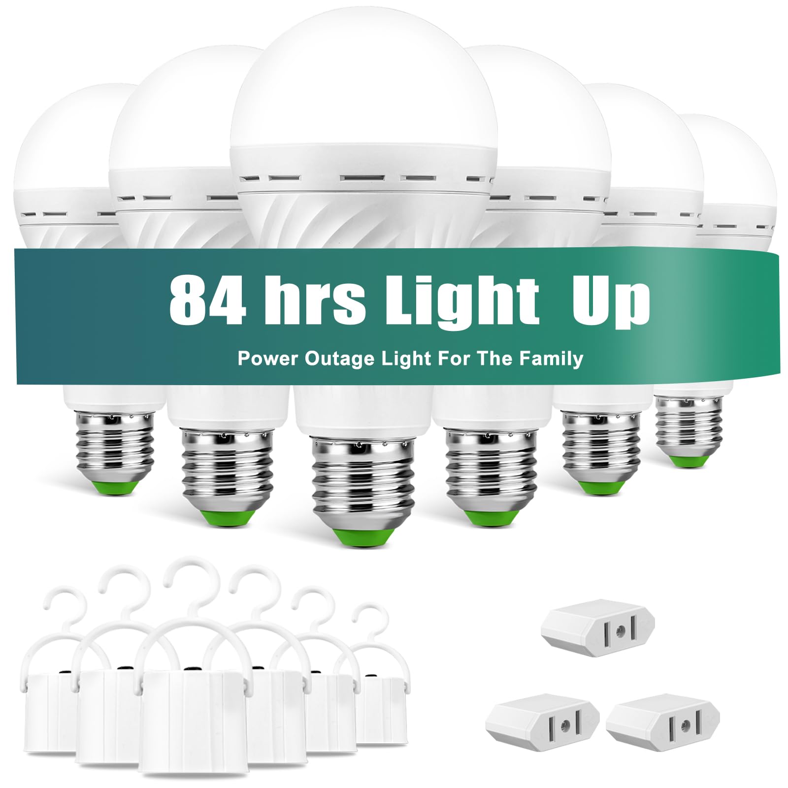 MOSLIAN Emergency Rechargeable LED Light Bulb, 12W 60W Equivalent, E27, White, 6 Pack, with Hook and Plug Cap
