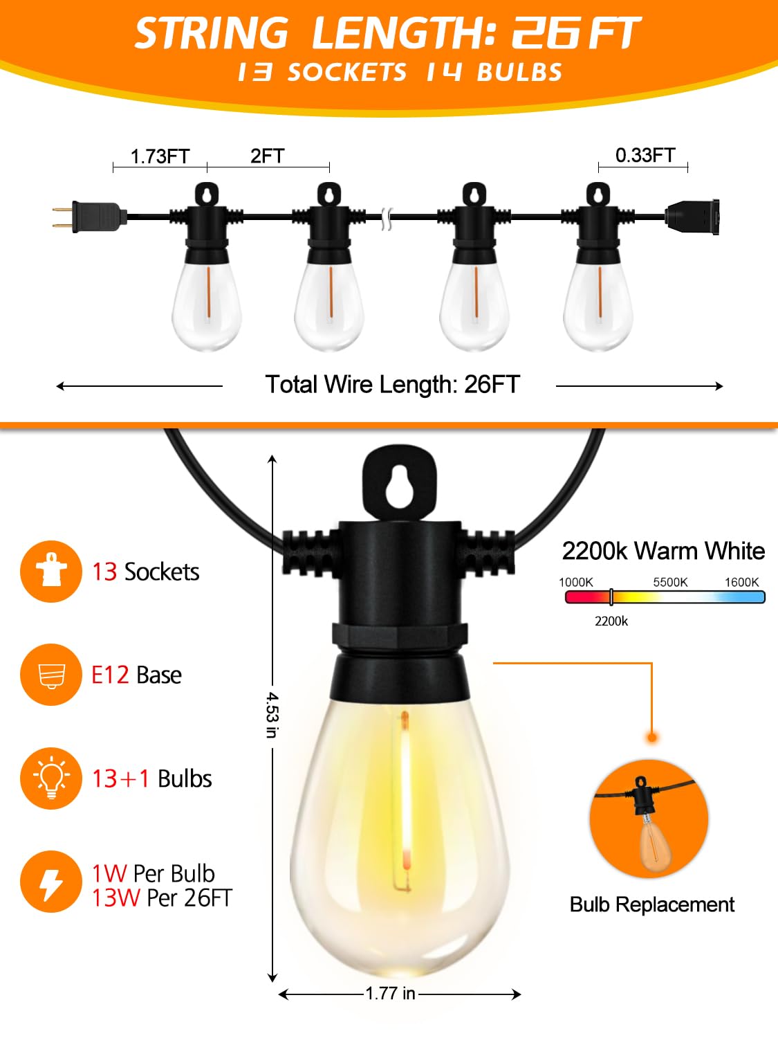 Achin 26Ft Led Outdoor String Lights, Patio Lights Waterproof With 13+1 S14 Edison Shatterproof Bulbs, 2200K Dimmable Outside Ha